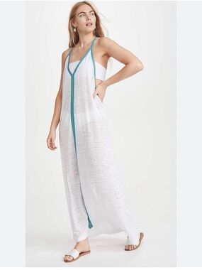 Pitusa Inca Sundress White Sheer Cover-Up Maxi with Teal Trim Fits Size 6-12
